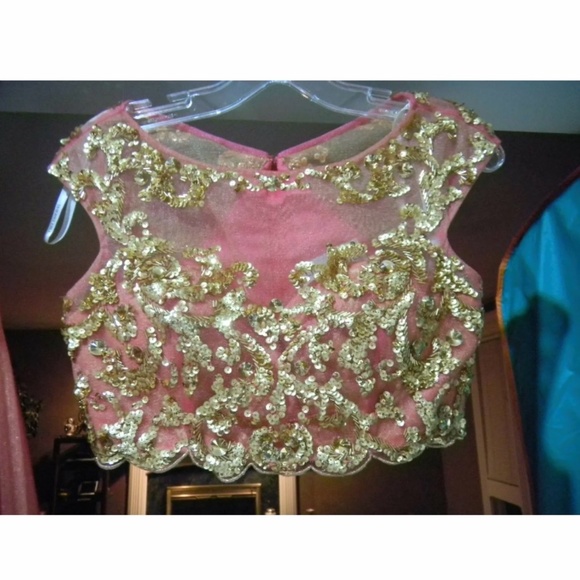 SHERRI HILL 45112 SZ 2 CORAL GOLD 2 PC SKIRT CROP COCKTAIL HOMECOMEING DRESS - Picture 6 of 13